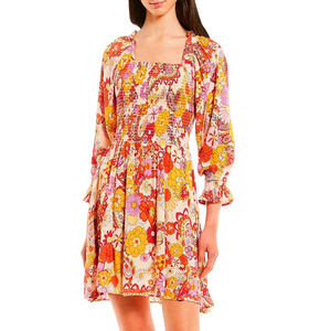 Angie NWT Juniors Floral Print Long Sleeve Smocked Bodice Fit-And-Flare Dress L‎